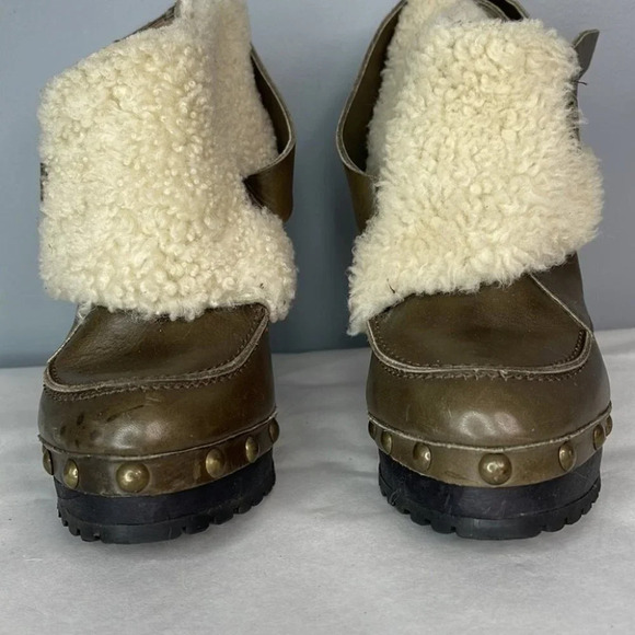 TOPSHOP Unique Sherling Cuff Leather Booties Olive Green Platform Boho Size 8.5 - Picture 5 of 15